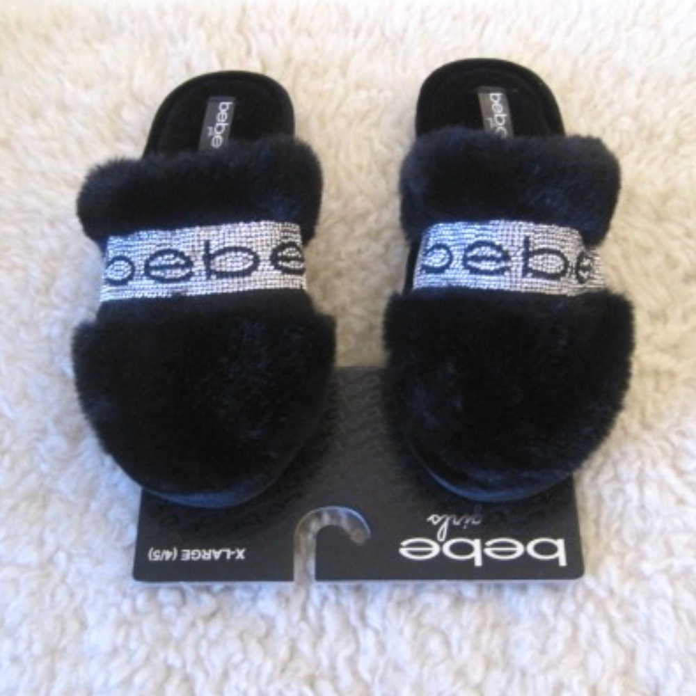 Bebe Girls Glitter Faux Fur Slippers